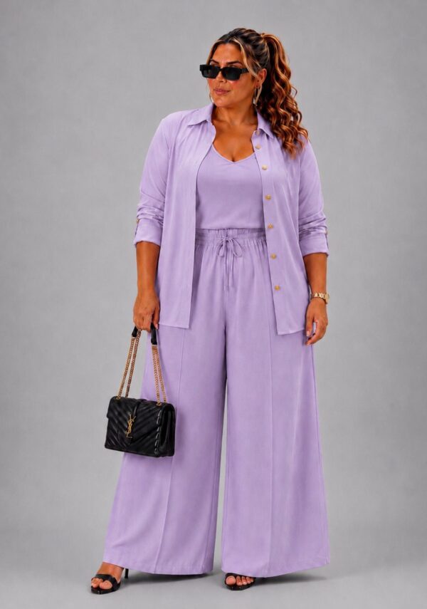 Trijunto calça pantalona plus size linho lilas luxo