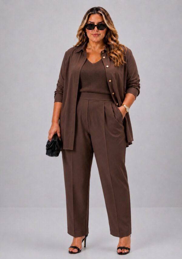 Trijunto feminino calça reta alfaiataria plus size marrom luxo