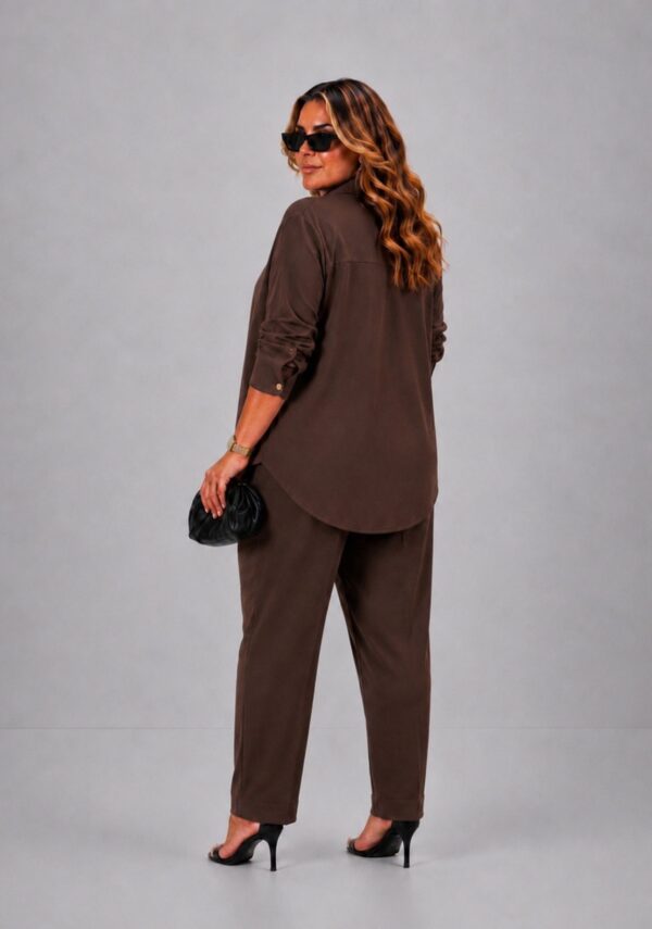Trijunto feminino calça reta alfaiataria plus size marrom luxo