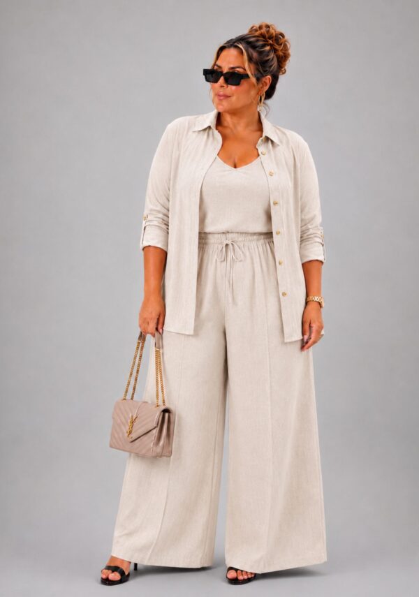 Trijunto calça pantalona plus size luxo linho natural