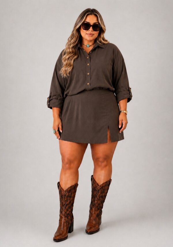 Conjunto feminino shorts saia fenda e camisa plus size marrom coffee luxo